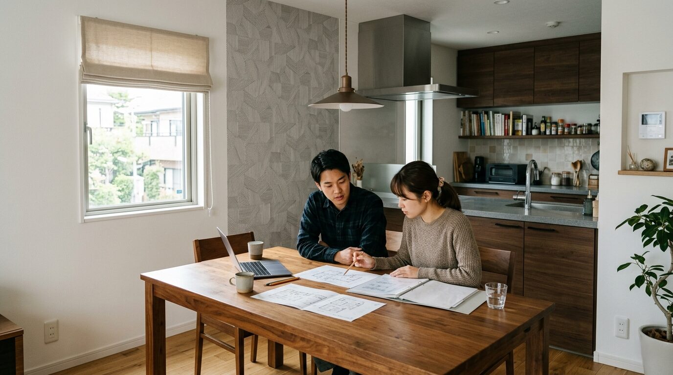 耐力壁やモノコック構造を連想させるモダンなダイニングで、家の図面を見ながら相談する夫婦