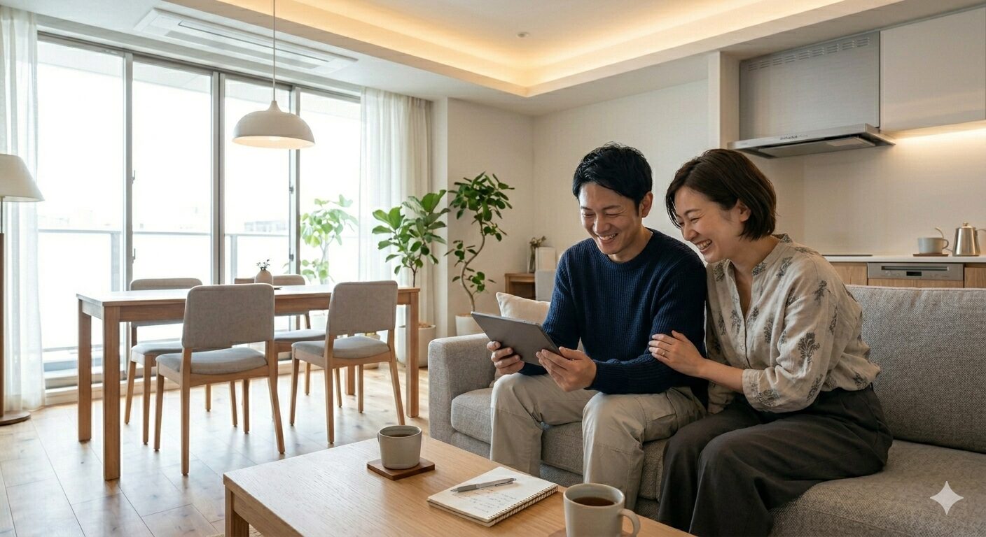 リビングで将来の資金計画について話し合う夫婦の様子