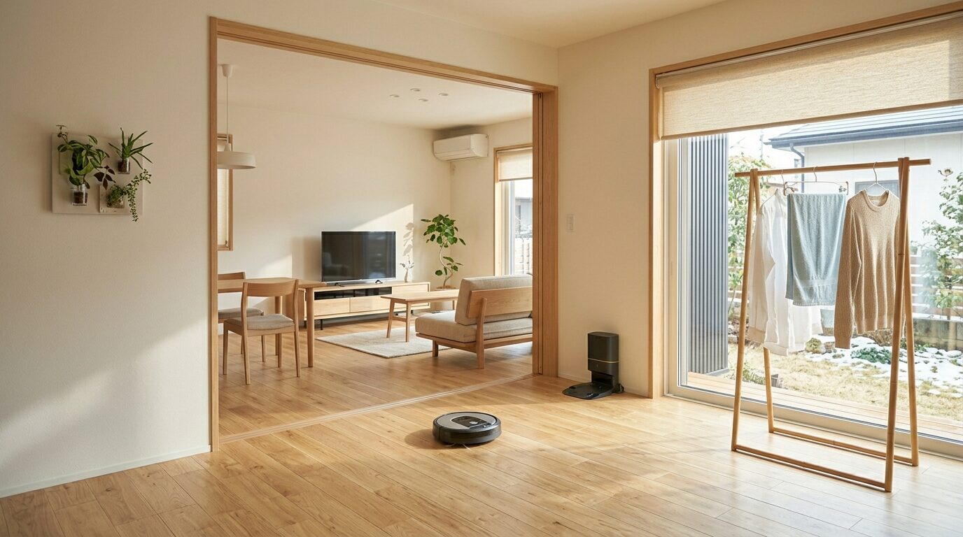 高い住宅性能によりお掃除ロボットがスムーズに動く、開放的なリビングダイニング