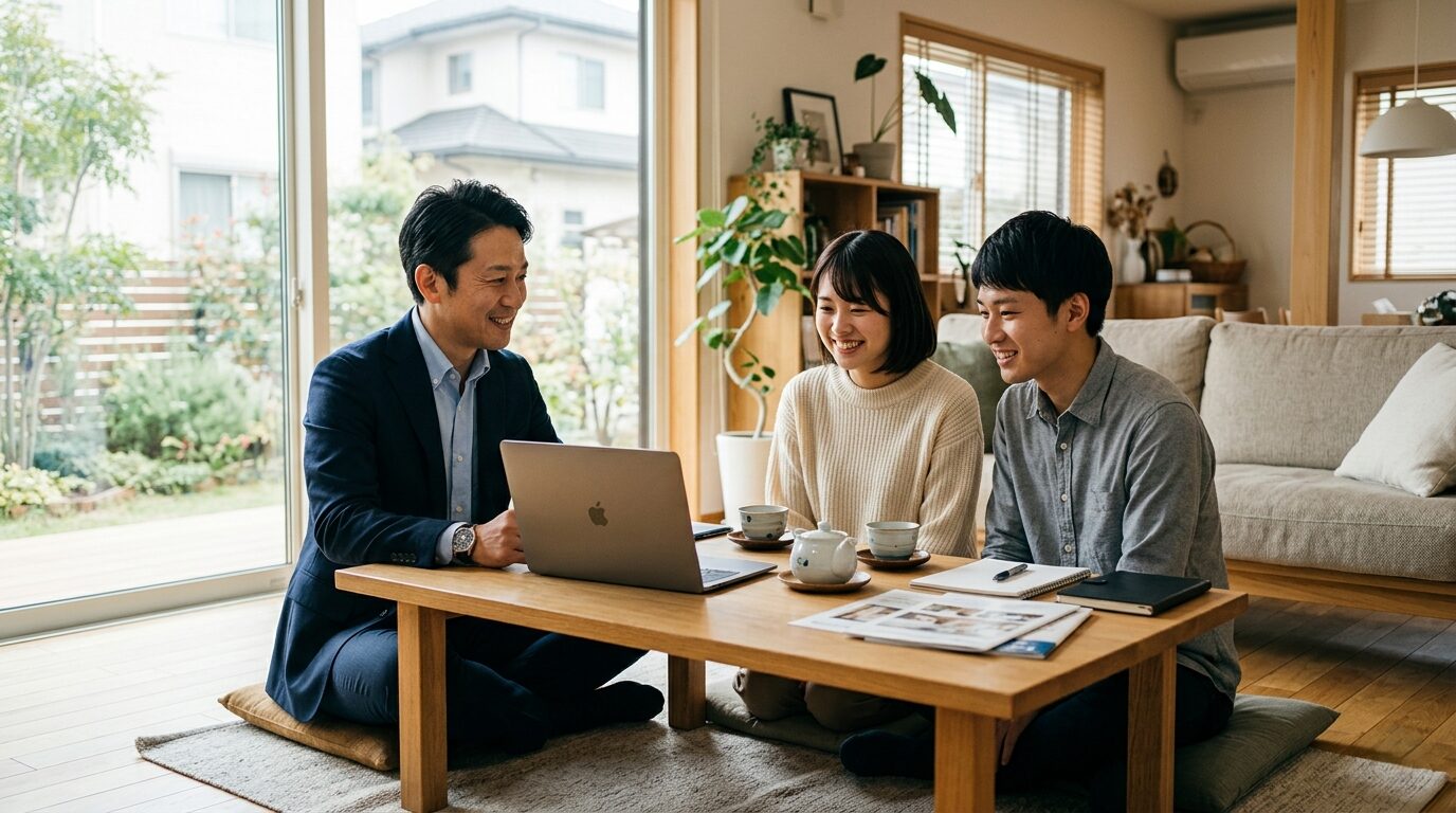 モダンなリビングのテーブルで、ハザードマップや地盤調査について建築の専門家と相談する夫婦