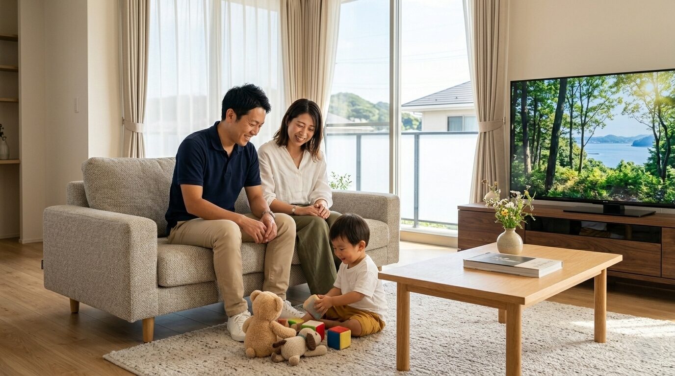 地盤への不安が解消され、新しい家のリビングで安心して過ごす家族の日常