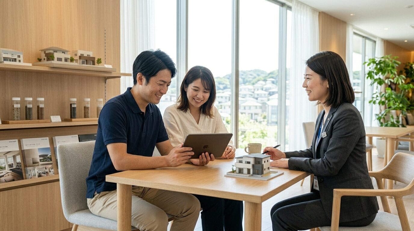 工務店でタブレットをみながら土地の地盤データについて納得のいく説明を受ける夫婦