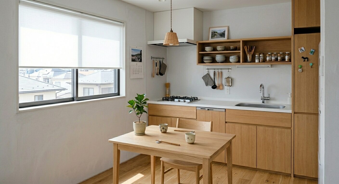 シンプルで整理されたダイニングキッチン、将来を見据えた快適な住まいづくり