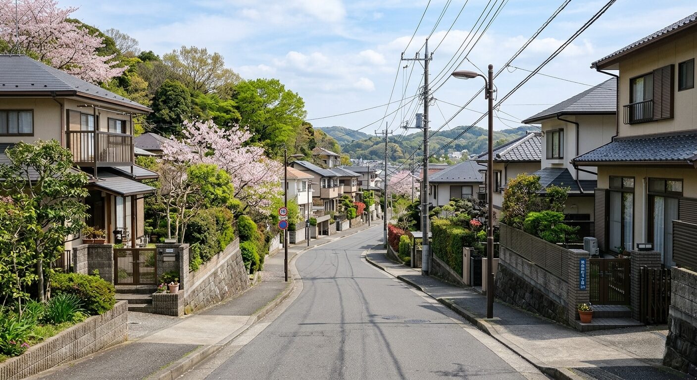 横浜市金沢区の住宅街、坂道から見た家並みと落ち着いた周辺環境