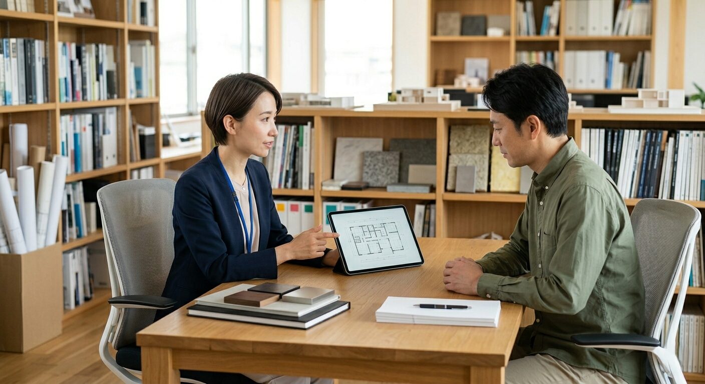 家づくりに関する専門家との相談風景、土地選びや間取りの不安をプロに相談する様子