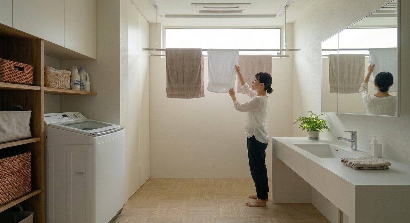 天井物干しを使い、すっきりと整理されたランドリールーム兼洗面所