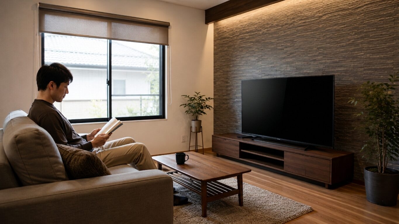 ソファとテレビの距離がゆったりと取られた、一人暮らし向けの広々としたモダンな20帖のLDK