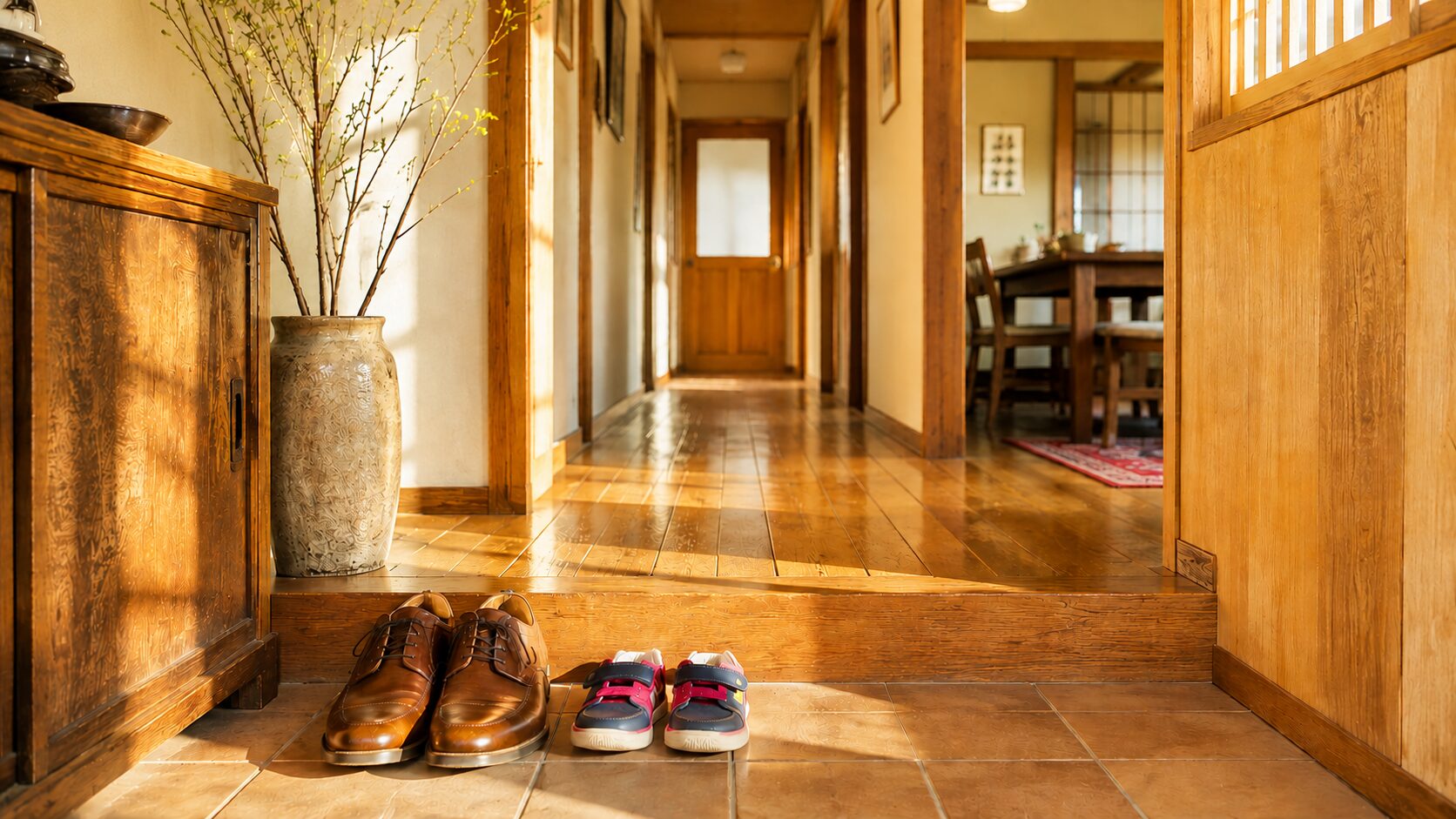 経年変化で飴色に輝く無垢床の廊下と仲良く並んだ親子のお出かけ靴
