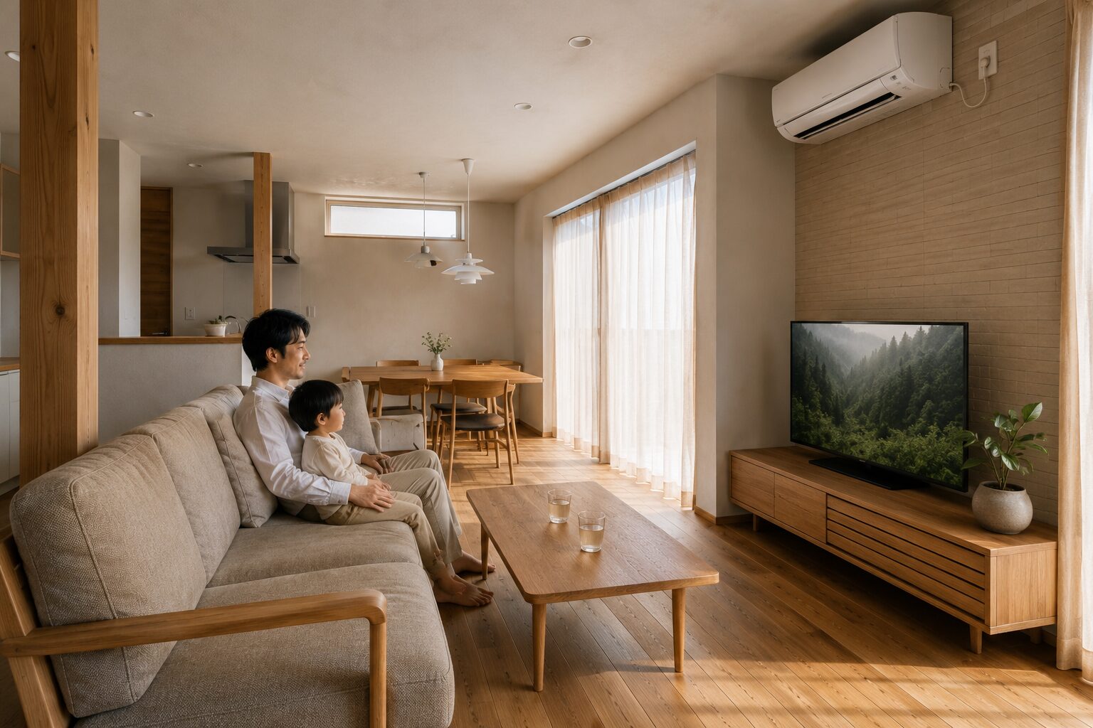 高断熱住宅で快適に過ごす家族と、内部結露を防ぎ健康的な空気質を維持するリビングインテリア
