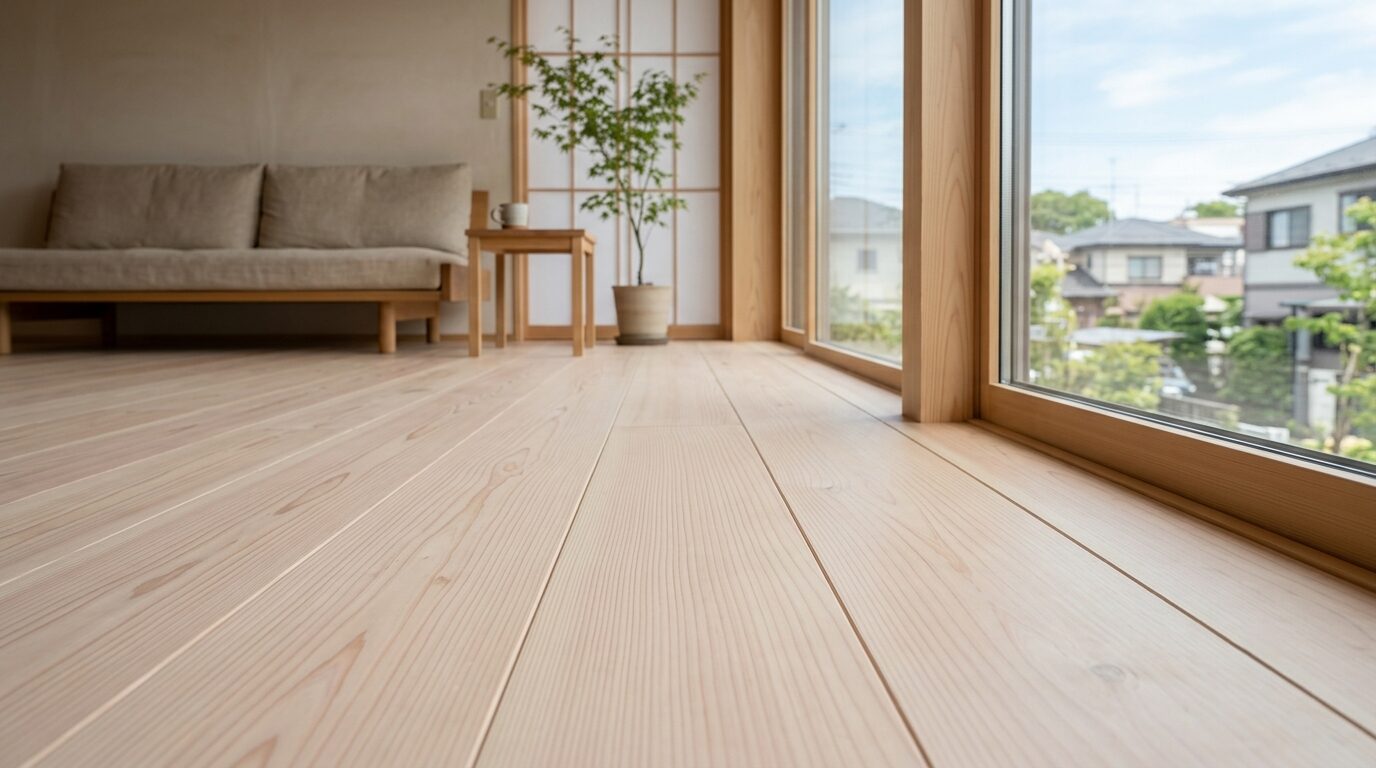 自然なクリーム色と淡いピンクが優しい、完全マット仕上げの杉無垢床のうづくり加工