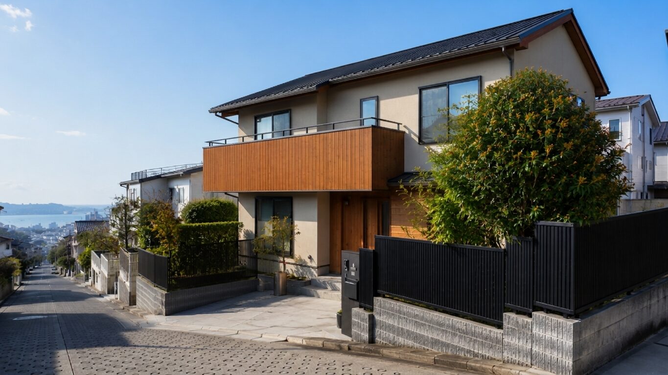 横浜の坂道の街並みに調和する自然素材を活かしたモダンな注文住宅の外観