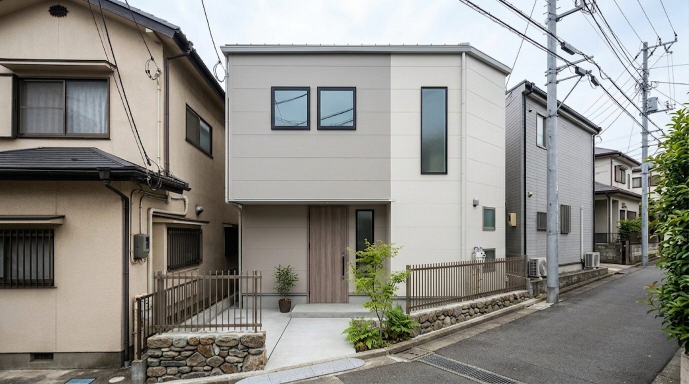 白やグレーを基調とした落ち着いた外観で、ベランダや駐車場を省いた敷地面積約20坪のモダンな家