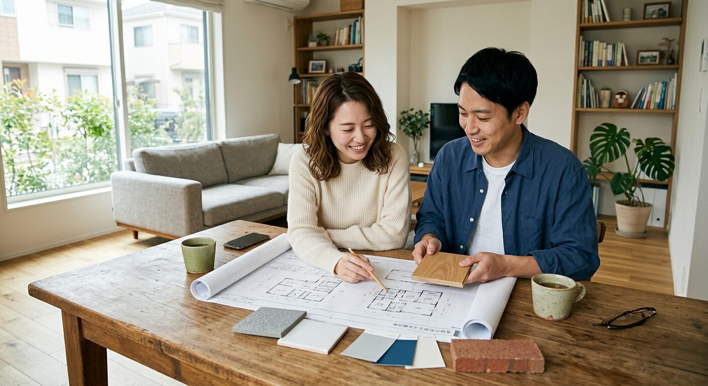 家族で理想の暮らしを話し合う、リビングダイニングでの家づくりの風景