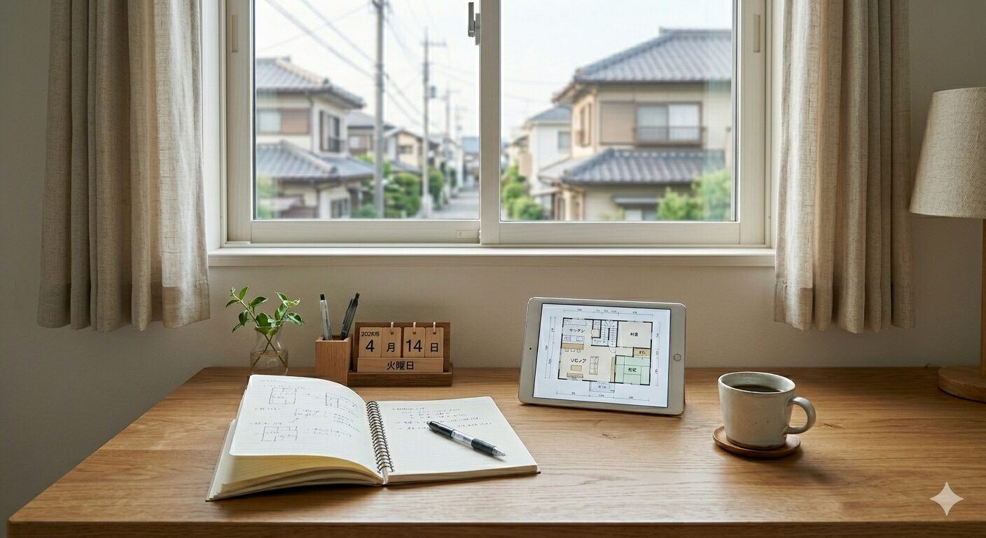 家づくりの条件整理、ノートやタブレットで土地探しの準備を進めるデスク周りの様子
