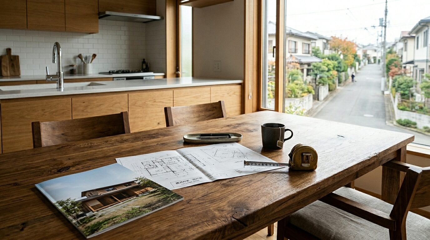 注文住宅の生涯コストを検討するテーブルに置かれた建築図面と横浜の街並み