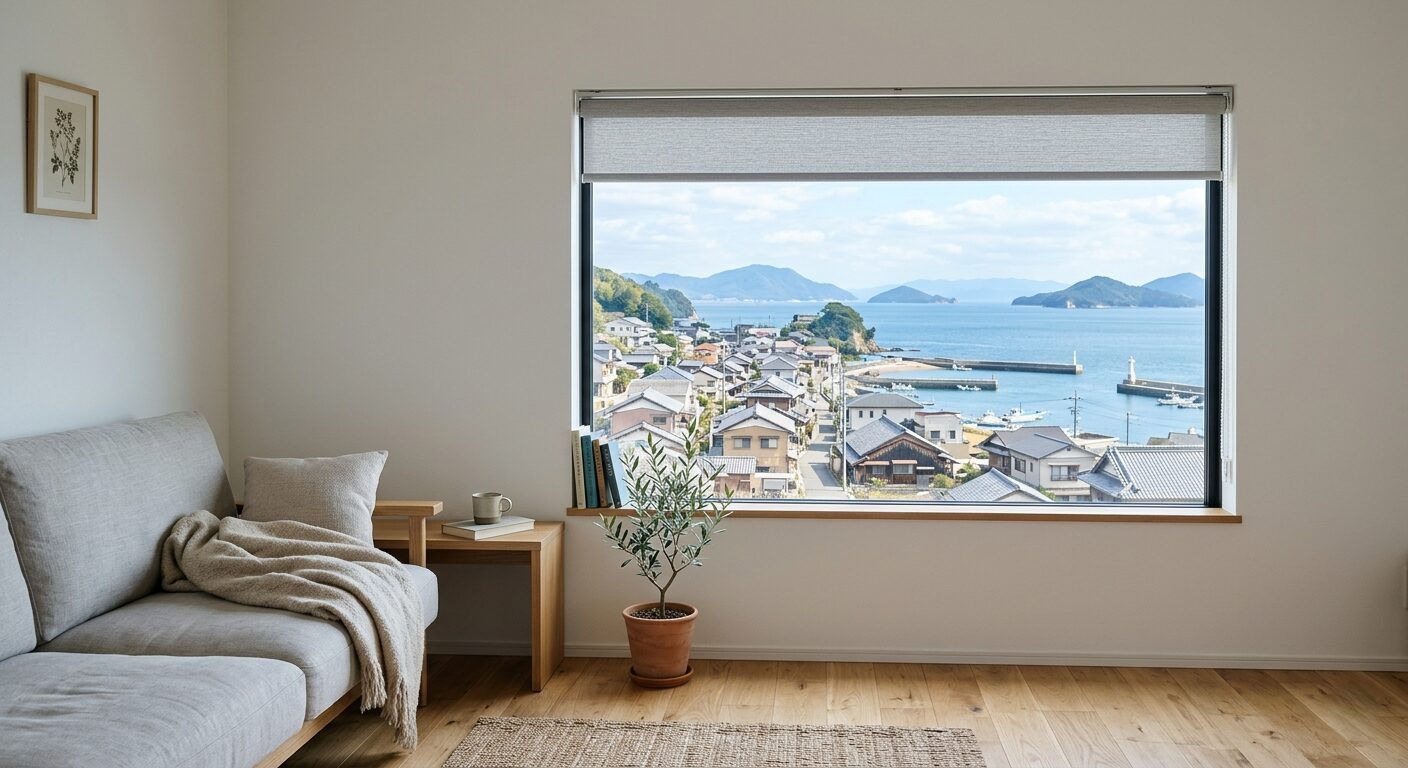 金沢区の街並みを眺める現実的なサイズの窓、傾斜地を活かした設計でプライバシーと眺望を両立