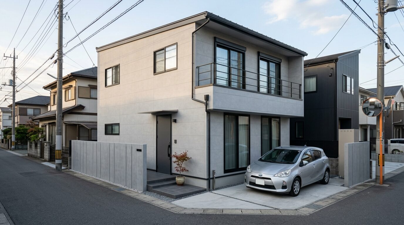 汚れが目立ちにくく洗練された印象を与えるグレーのモダンな注文住宅の外観
