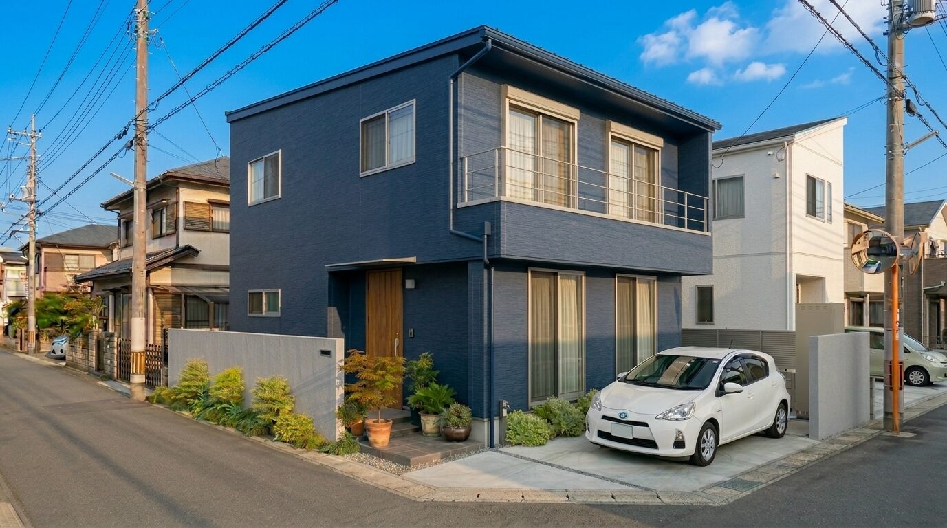 青空に映えるネイビーの外壁に木目調ドアを合わせた爽やかな注文住宅