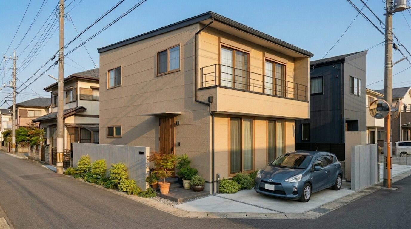 温かみのあるベージュの外壁と緑の植栽が優しく調和するナチュラルな注文住宅