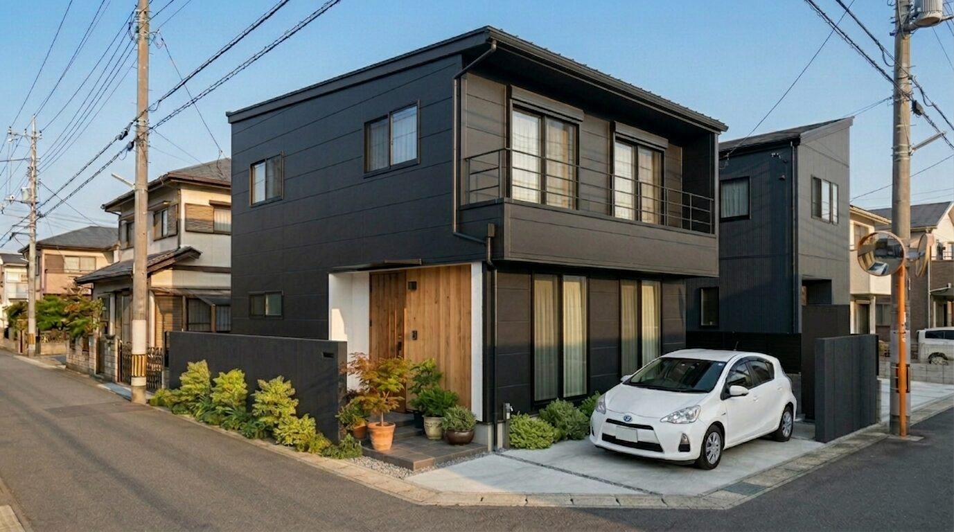 木目調のアクセントで重さを和らげた高級感のあるブラックの外壁の注文住宅