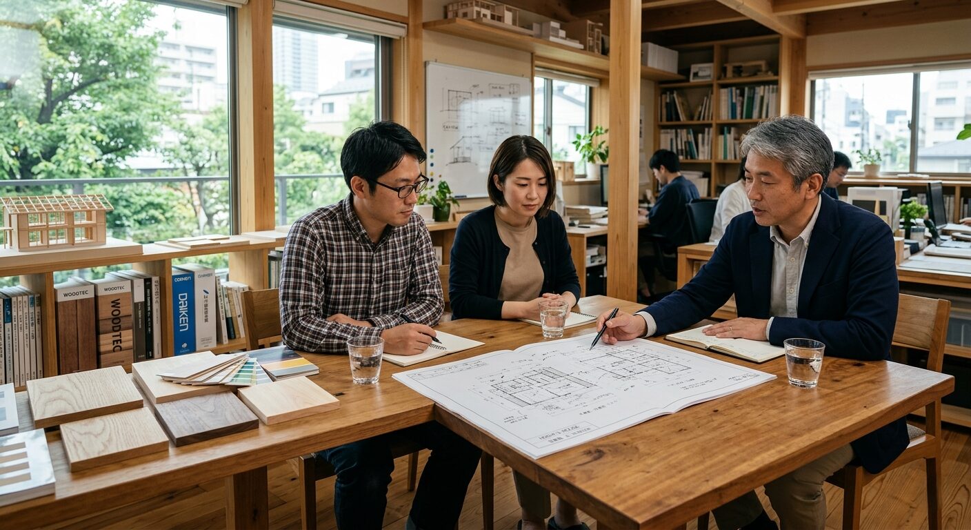注文住宅の打ち合わせで湿気排出経路の図面を確認し納得のいく判断を下す施主と設計士