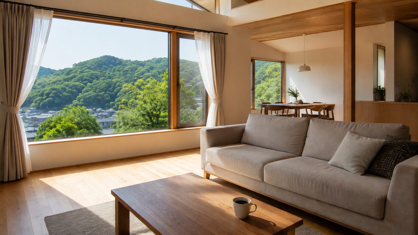 鎌倉・逗子の美しい山林を借景として取り込む、2階リビングの開放的な吹き抜けのある暮らし