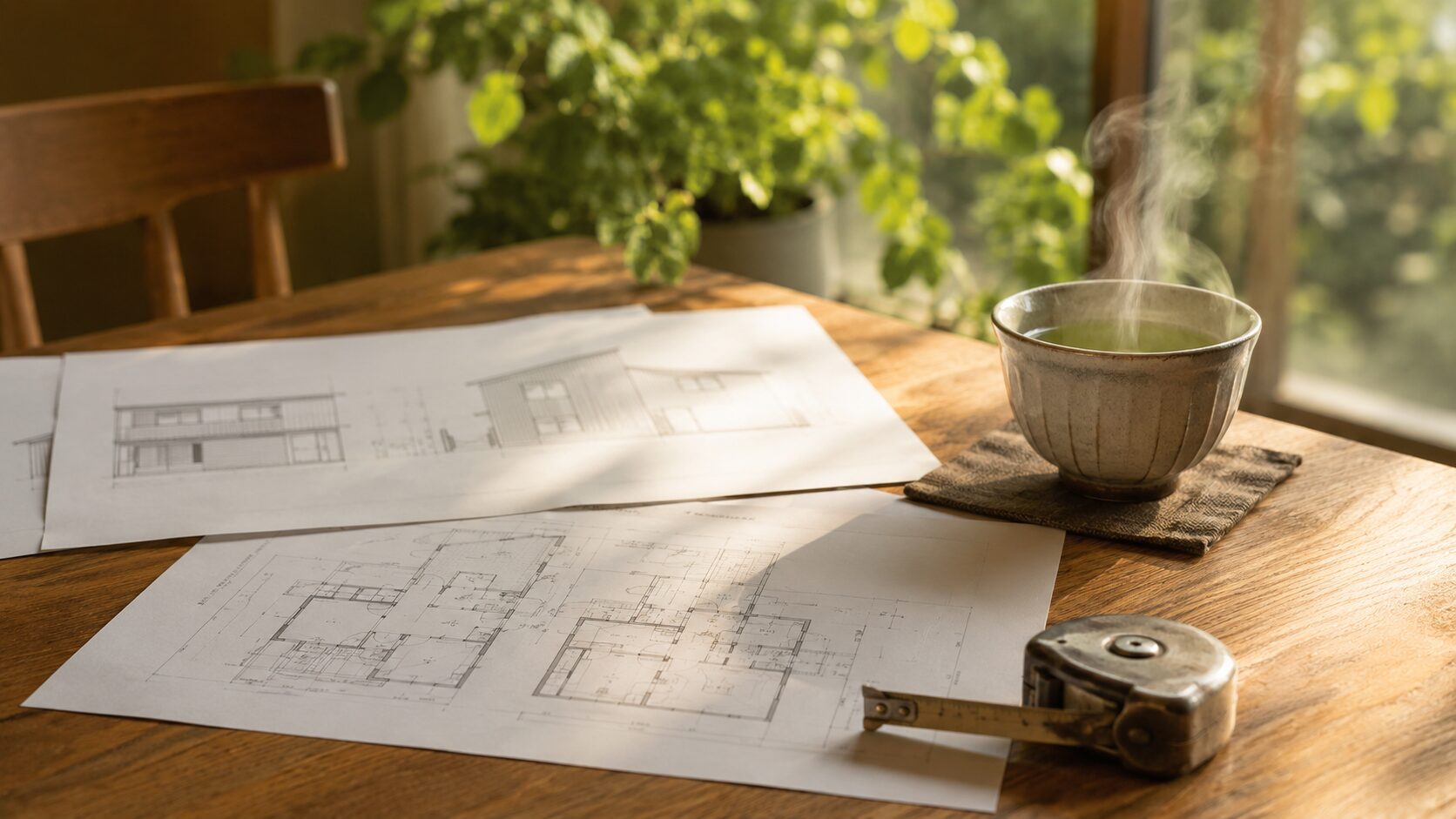 明るい日差しが差し込む木製テーブルの上に広げられた、注文住宅の建築設計図面と温かいお茶