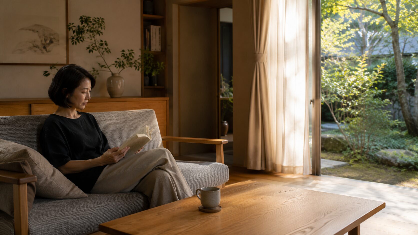 無駄な空間を省いた住まいの中で、窓から差し込む陽光を浴びながら心地よく読書をする穏やかな日常