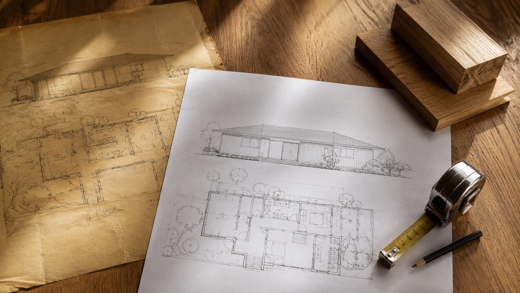 自宅の建て替え計画を立てるために、無垢材のテーブルに広げられた新旧の建築図面と素材サンプル