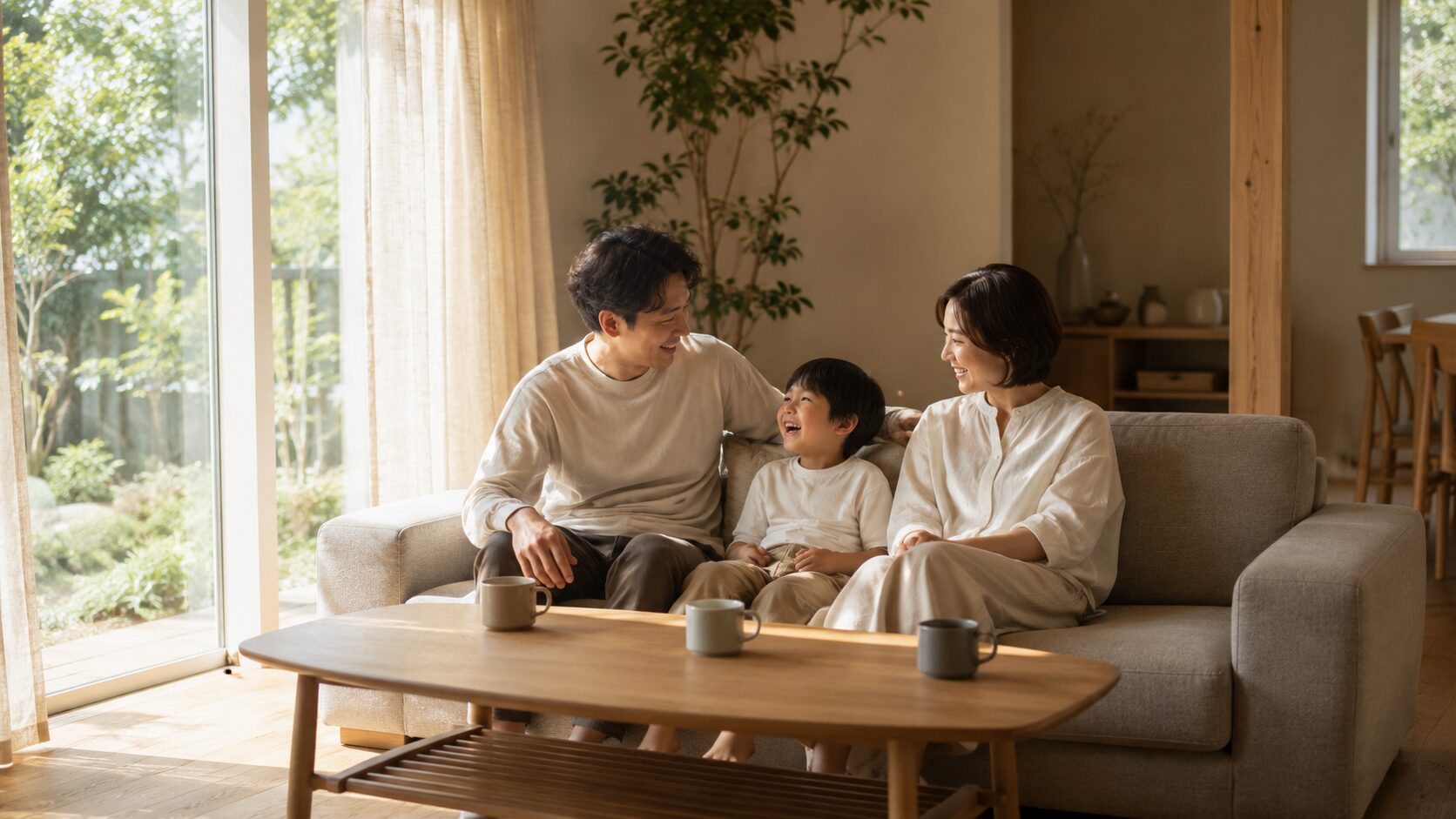明るい自然光が差し込む心地よいリビングで、穏やかな時間を過ごす家族3人の日常の風景