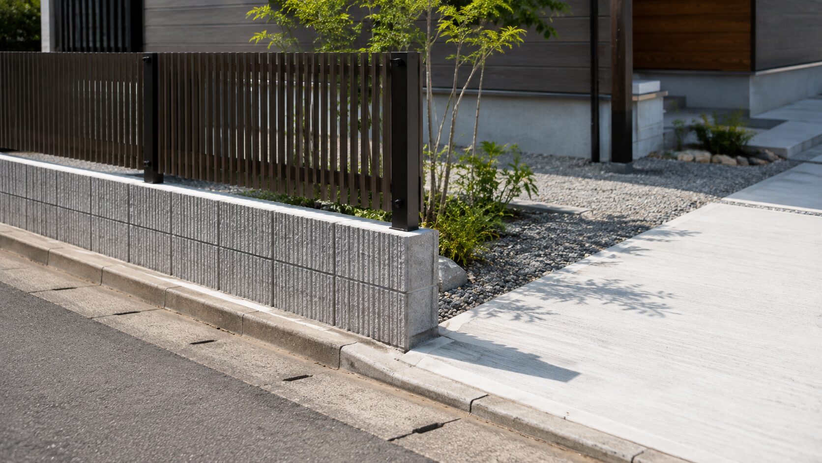 道路境界のL型側溝と綺麗に施工された敷地内の土間コンクリート外構