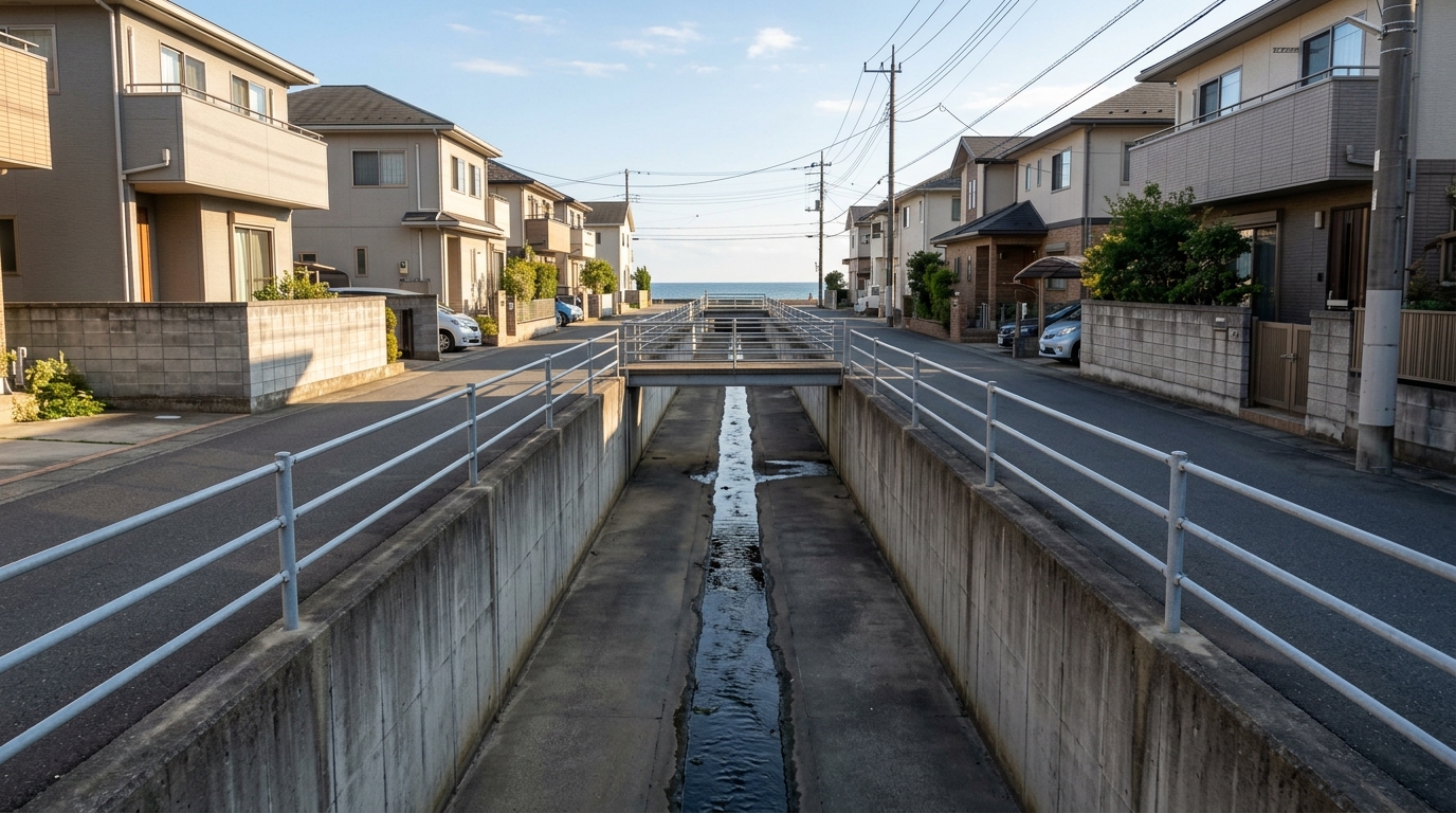 海に向かって伸びる新興住宅地のコンクリート排水路