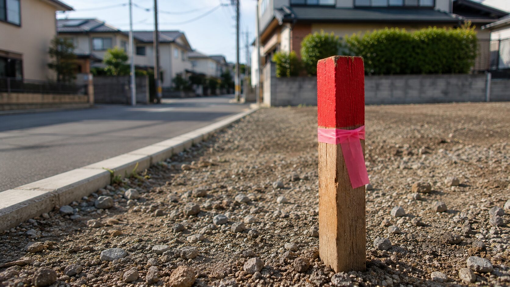 注文住宅の着工前に現場で打ち込まれたリアルな木製測量杭と敷地の砂利