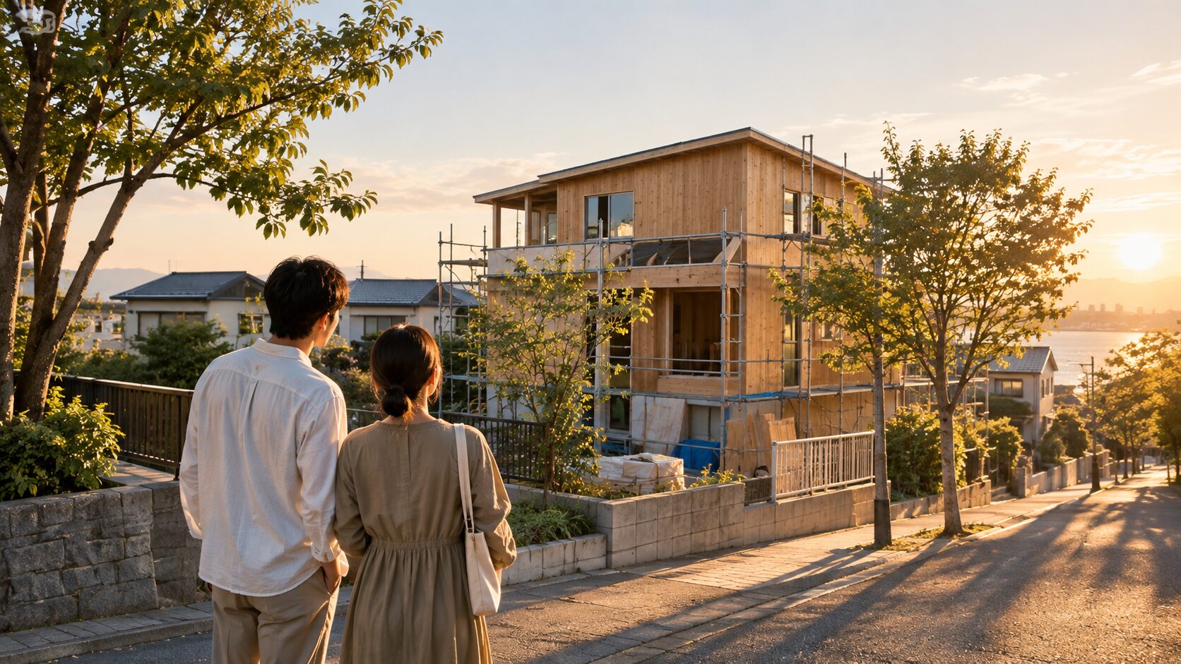 夕暮れ時の穏やかな住宅街で建築中の我が家の節目を見つめるご家族の後ろ姿