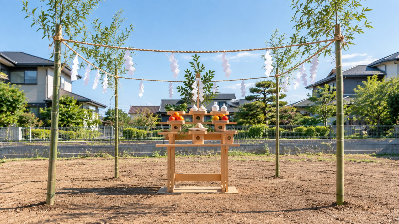 地鎮祭の準備が整った更地の敷地で四方竹と注連縄に囲まれた木製祭壇とお供え物