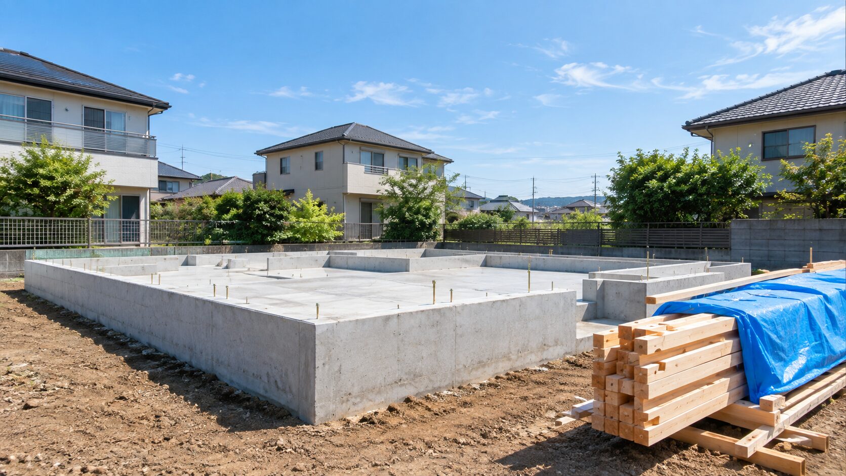 地鎮祭後に丁寧に施工された基礎コンクリートと上棟を待つ建築現場の木材
