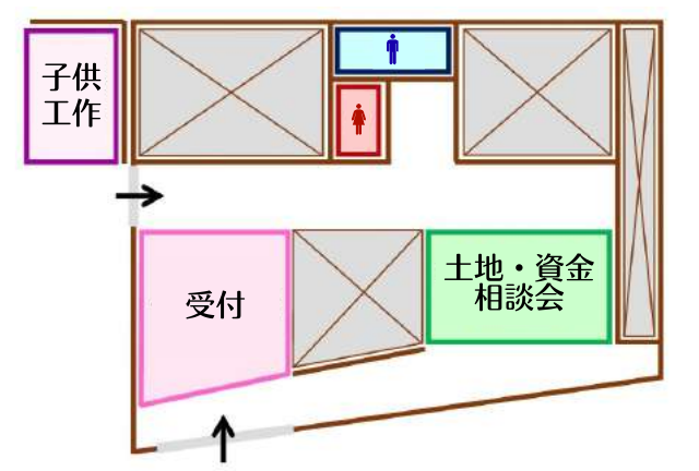大栄建設 本店の会場レイアウト(子供工作・受付・土地・資金相談会)